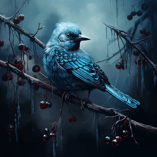 Winter Bird on Branch: Enchantment of Blue with Scarlet Berries