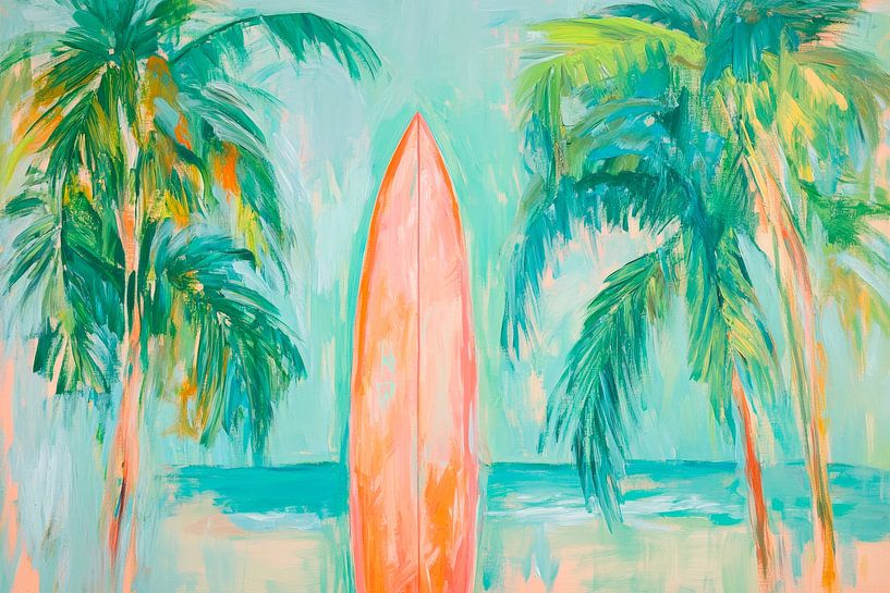 Surfplank tussen palmbomen en de zee van Poster Art Shop