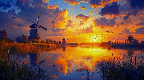 olieverf schilderij polderlandschap met molens