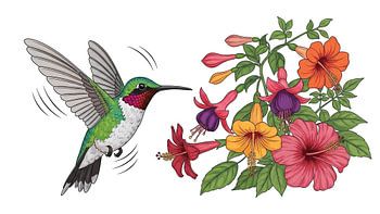 Hummingbird and Tropical Flowers Illustration