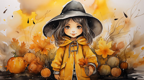 Watercolour painting of a witch girl in a yellow raincoat and holding a yellow umbrella