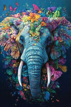 Olifant in Bloemenpracht Dromerige Kleurenexplosie van Eva Lee
