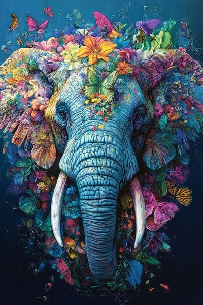 Olifant in Bloemenpracht Dromerige Kleurenexplosie van Eva Lee