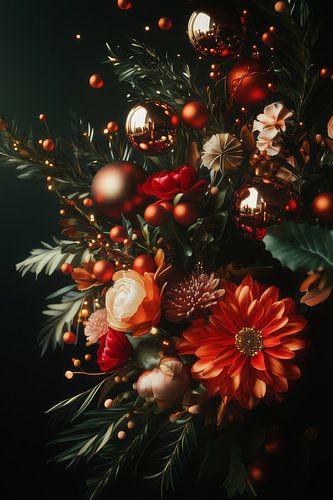 Festliche Blumenpracht - Warme Weihnachtsdekoration mit Blumen und Glitzerkugeln