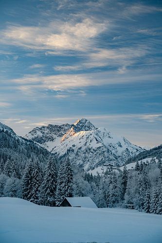 prachtige zonsopgang in de winter in de Allgäuer Alpen in het Kleinwalsertal op de Widderstein