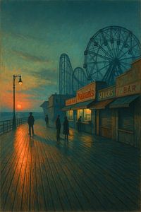 Coney Island Abenddämmerung: Achterbahn und Strandpromenade Einsamkeit