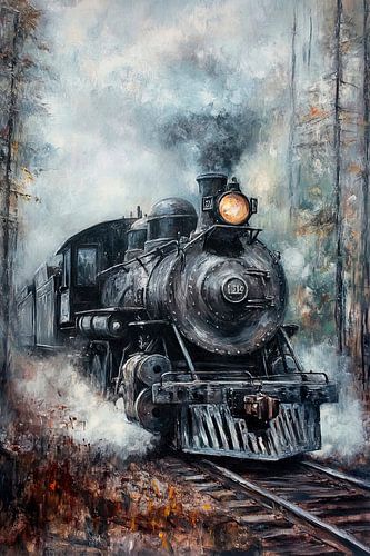 Stoomlocomotief in het mistige bos