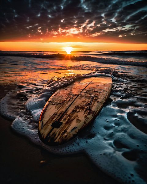 Surfplank in zee bij zonsondergang van fernlichtsicht