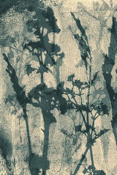 Abstrakte Retro-Botanik. Gräser, Blumen und Blätter in blau-grau und weiß von Dina Dankers
