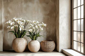 Japandi Bloemen Stilleven | Whispering Callas in Earth Tones van Kunst Kriebels