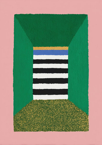 Geometrische kleurcompositie in groen, roze en zwart-wit