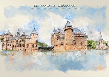kasteel De Haar in Nederland in schetsstijl