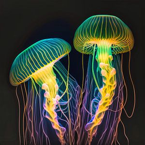 Two neon jellyfish