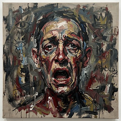 Portrait grotesque néo-expressionniste authentique empreint de symbolisme surréaliste