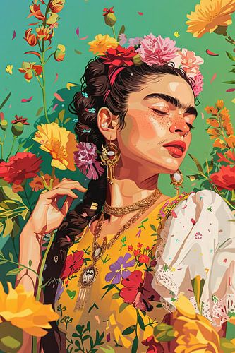 Frida's bloemenmetamorfose - Sensueel portret in levendige bloemenpracht