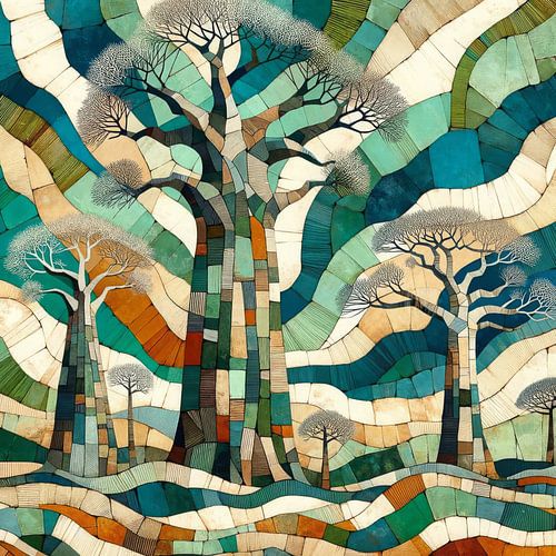 Collage baobabs in golvend landschap