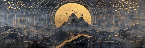 Mystieke gouden bergen in nevelen gehuld op rijstpapier