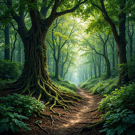 Fantasy Wall Art & Poster: ELDRAVEN – The Magical Forest in the Morning Light by INFERAURUM - Dark Fantasy Wall Art & Poster