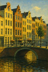 Goldenes Licht auf Amsterdamer Grachtenhäusern