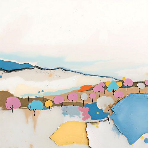 Een landschap van pastelkleuren heuvels en bomen.