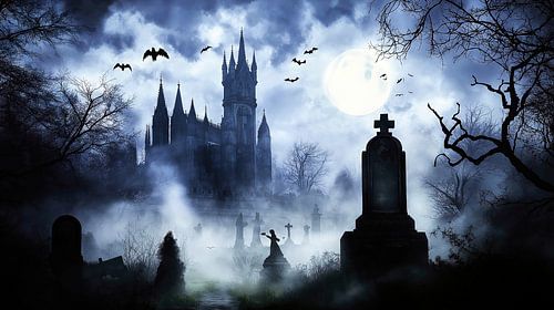 Witch in the fog of the cemetery