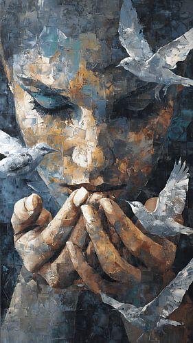 Une silhouette déformée nourrissant de fragiles oiseaux de verre dans une œuvre d'art abstraite et expressive en acrylique texturé