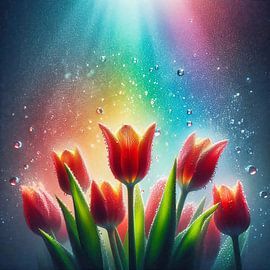 Rote Tulpen unter Wasser mit regenbogenfarbenem Licht von Jolanda de Jong-Jansen