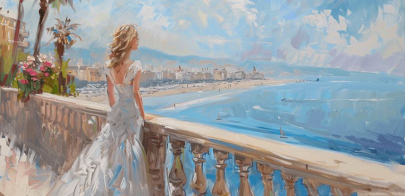 Gemälde einer jungen Frau mit Blick auf das tropische Meer von Classic PrintArt