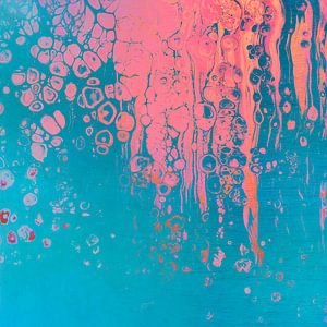 Modernes Kunstwerk in Rosa auf blauem Stahl. Serie: Gemischte Medien