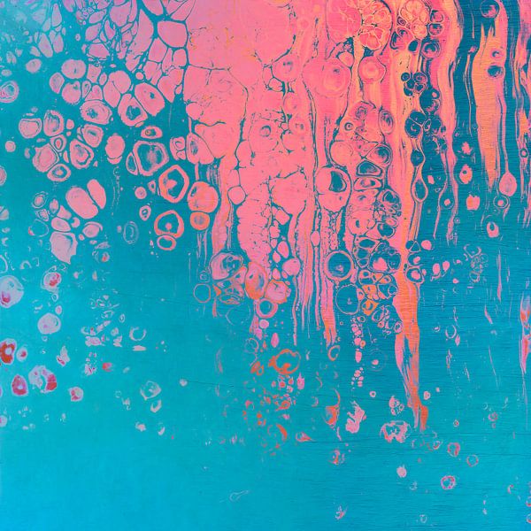 Modern Abstract: Mixed media in roze op blauw staal van Studio Pieternel