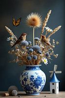 Delft Blue Vase - Traditional Dry Flowers with Bird & Mill motif