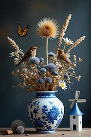 Delft Blue Vase - Traditional Dry Flowers with Bird & Mill motif by Kleurenrijk
