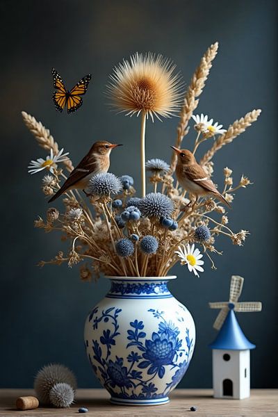Delfter Blau Vase - Traditionelle Trockenblumen mit Vogel &amp; Mühle Motiv von Kleurenrijk