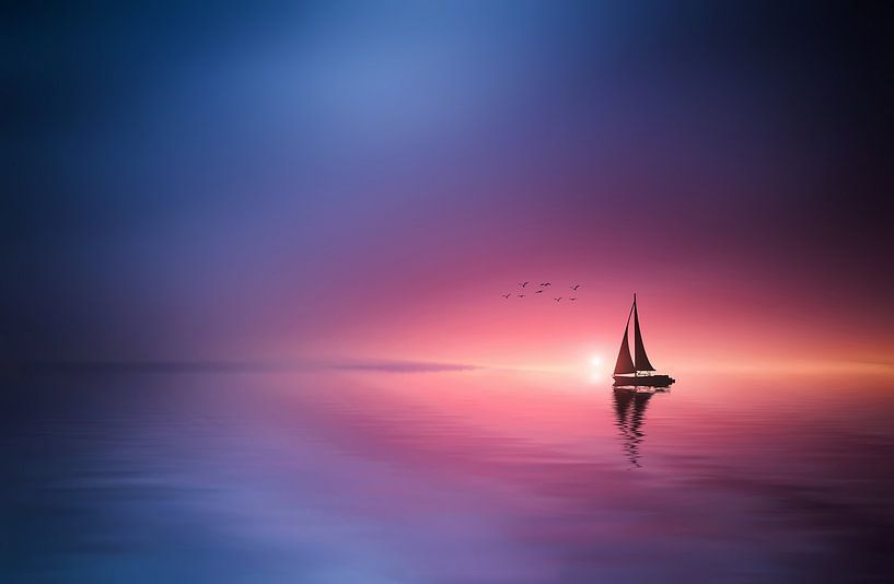 Navigation sur le lac vers le coucher du soleil par Bess Hamiti