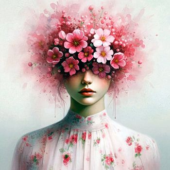 Vrouw met bloemen in roze