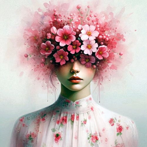 Vrouw met bloemen in roze