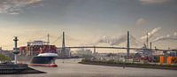 Panorama van een containerschip in de ochtend in de haven van Hamburg van Jonas Weinitschke thumbnail