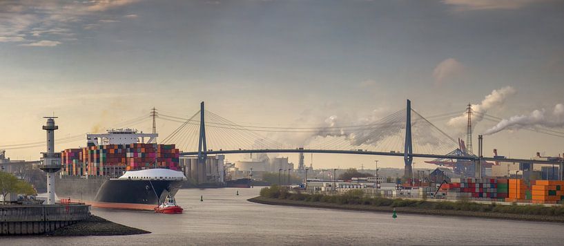 Panorama van een containerschip in de ochtend in de haven van Hamburg van Jonas Weinitschke
