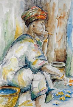 Portrait of an African woman at the market. Watercolour hand-painted. by Ineke de Rijk
