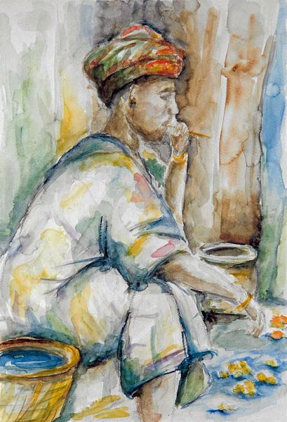 Porträt einer afrikanischen Frau auf dem Markt. Aquarell, handbemalt. von Ineke de Rijk