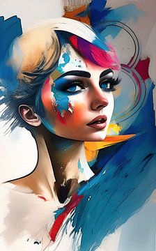 Portrait coloré d'une jeune femme dans un style mixte sur Emiel de Lange
