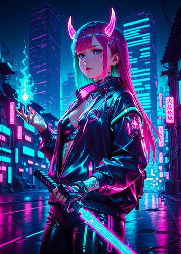 Cyberpunk Style Oni Demon Anime Girl