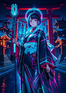Anime Shrine Maiden Cyberpunk Style