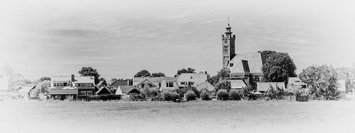 Burgh with the Reformed church (panorama photo, black and white)