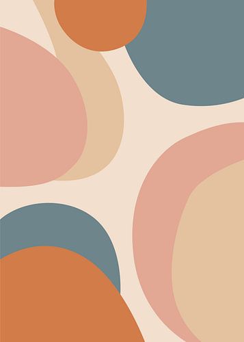 Minimalistische, platte, abstracte vectorillustratie van vloeiende, overlappende organische vormen in pastelkleurige boho-stijl.