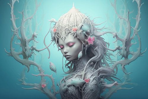 La timide fille des arbres dans un monde d'azur.