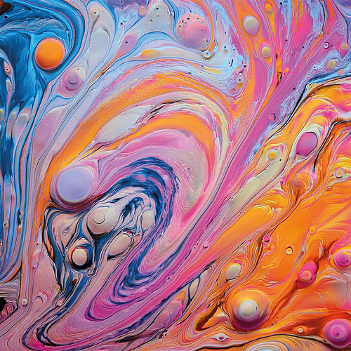 Œuvre abstraite avec des coulées de peinture en rose, bleu et orange