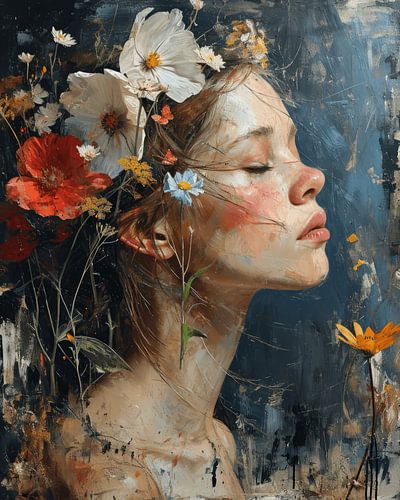 Modern en abstract portret met bloemen