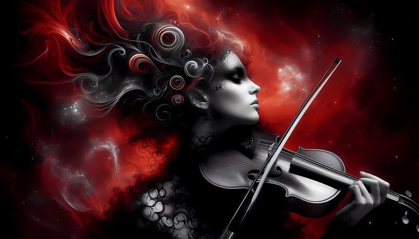 Elegant woman with violin in front of red background by ButterflyPix