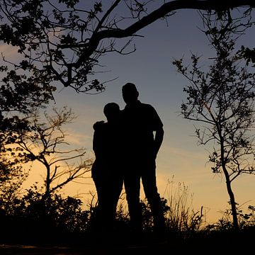 De contouren van een koppel tegen een atmosferische lucht